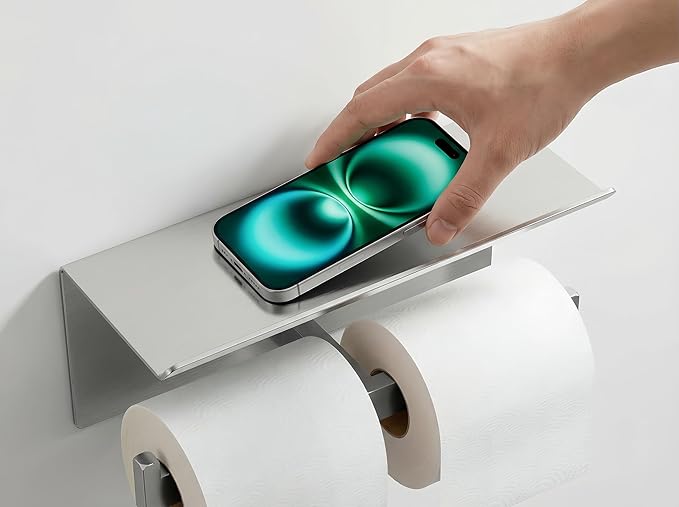FORIOUS Double Toilet Paper Holder with Shelf, 304 Stainless Steel Wall Mount Commercial Toilet Paper Dispenser, Low Maintenance Bathroom Tissue Roll Holder for Hotel, Apartments, etc, Brushed Nickel
