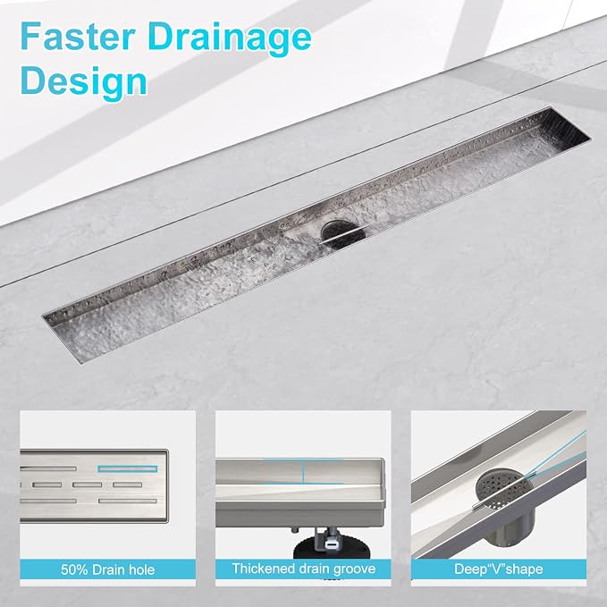 EMBATHER 28 Inch Linear Shower Drain with Shower Drain Base, CUPC Certified, 304 Stainless Steel Shower Floor Drain Included Removable Square Cover, Hair Strainer and Leveling Feet, Brushed Nickel