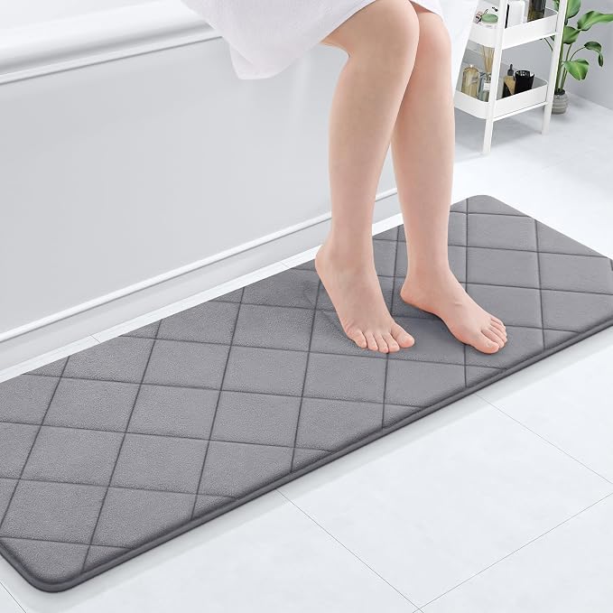 OLANLY Memory Foam Bath Mat 47x17, Ultra Soft and Absorbent Bathroom Rugs | Medium Grey, Quick Dry, Machine Washable Shower Bath Rugs, Comfortable Bath Carpet for Bathroom Floor, Tub and Shower