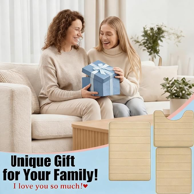 Memory Foam Bath Mat Set 3 Piece，Super Soft Absorbent Bathroom Rug Non Slip, Quick Dry,Machine Wash, Perfect Plush Bathroom Rugs,Home Decor Accessories,Beige