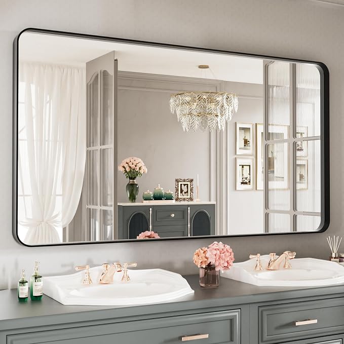 LOAAO Black Metal Framed Bathroom Mirror for Wall, Large 55X30 Inch Rounded Rectangle Mirror, Matte Black Bathroom Vanity Mirror Farmhouse, Anti-Rust, Tempered Glass, Hangs Horizontally or Vertically | Rounded Rectangle, Matte Black Bathroom Vanity Mir...