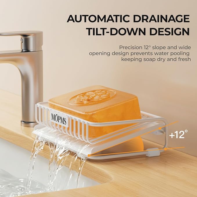 MOPMS Self Draining Soap Dish, Carbon Steel Bar Soap Holder for Shower | Waterfall Design Soap Saver for Bathroom, Kitchen Sink and Countertop, Sponges, Dispensers, White