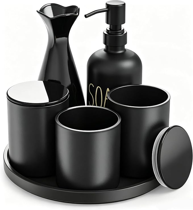 6Pcs Black Glass Bathroom Accessories Set with Tray, Bathroom Counter Set | Toothbrush Holder, Lotion Dispenser, Qtip Container, Vanity Tray, Tumbler- Elegant and Functional Décor Set