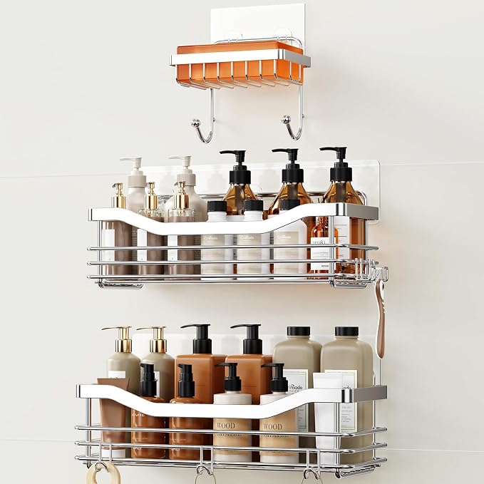 Orimade Shower Caddy Basket Shelf,3-Pack Adhesive Shower Organizer with Soap Dish Holder, No Drilling Wall Mounted Rustproof Stainless Steel Shower Shelves with 7 Hooks,for Bathroom