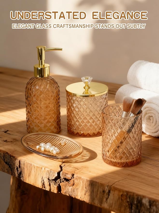 Haturi Glass Bathroom Accessories Set, Amber Brown Bathroom Set, 4 Pcs | Kit w/ Bathroom Soap Dispenser Set, Toothbrush Holder, Qtip Holder, Soap Dish, Brown Bathroom Decor, Gift for Home Apartment