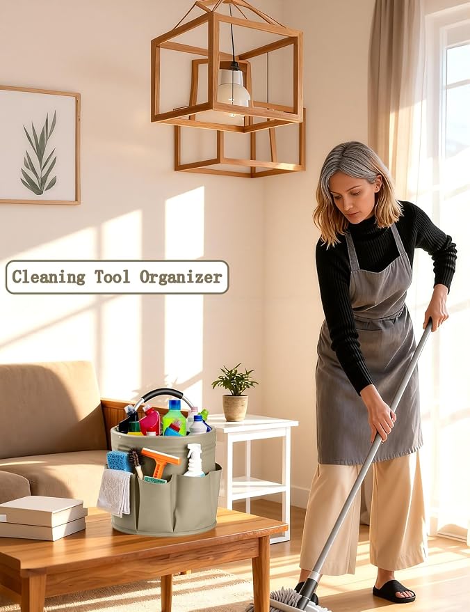 Cleaning Caddy with Handle, Cleaning Products Organiser, Foldable Storage Basket, Large Supply Organiser 17L with 6 Pockets, Portable Cleaning Caddy for Home & Garden (Khaki)