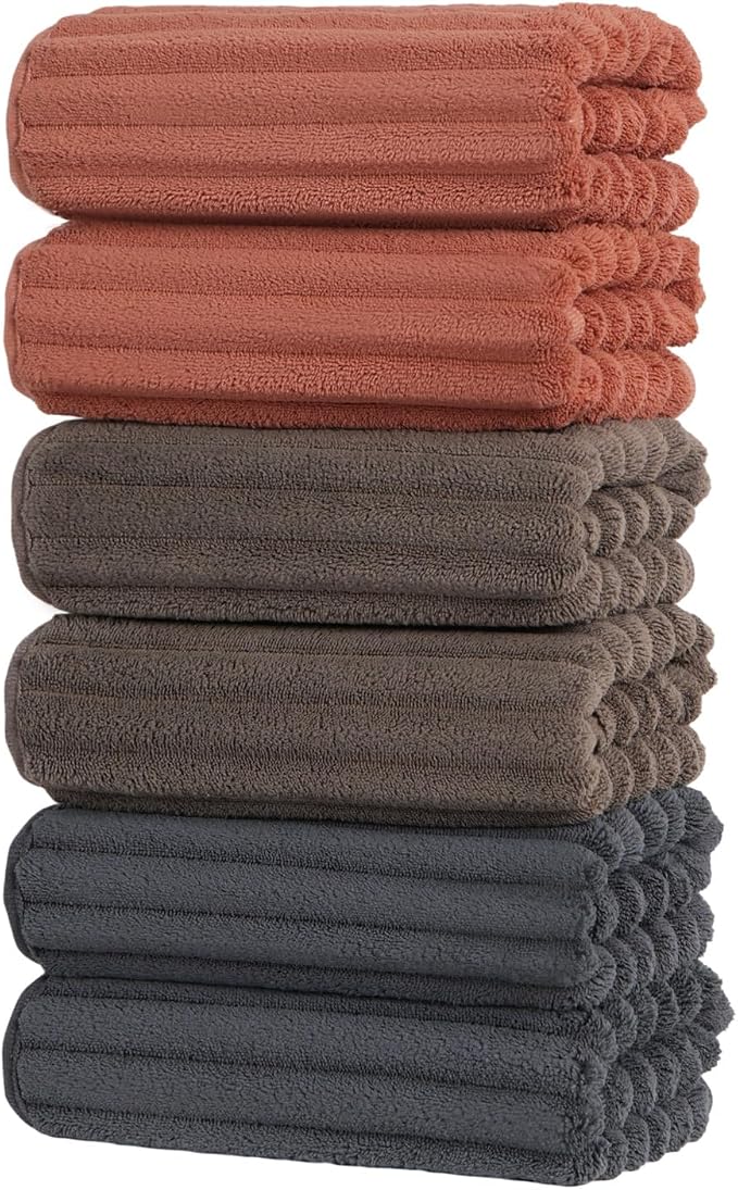 ZVH Hand Towels for Bathroom 6pcs,Quick Dry Microfiber,Super Soft | 14X29.5inch,Hand Towels With Hanging Loops for Spa,Kitchen,Hotel (Brick red+Dark grey+Brown, Set of 6)