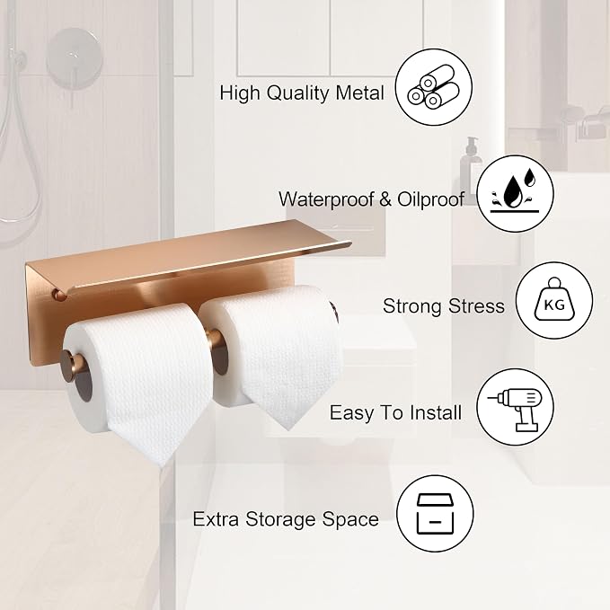 Rose Gold Toilet Paper Roll Holder with Shelf Wall Mounted for Bathroom (Rose Gold, Double Head)