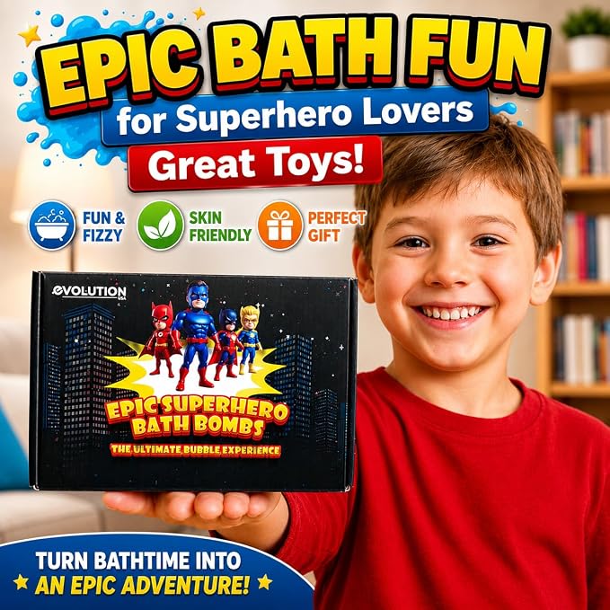 EvolutionUSA 6pc Epic Superhero Bath Bombs for Kids – Childrens Super Hero Bath Bombs Toy Inside, Organic Bathbomb with Surprise, Superhero Bath Fizzers, Fun Bathbombs Easter, Christmas, Birthday