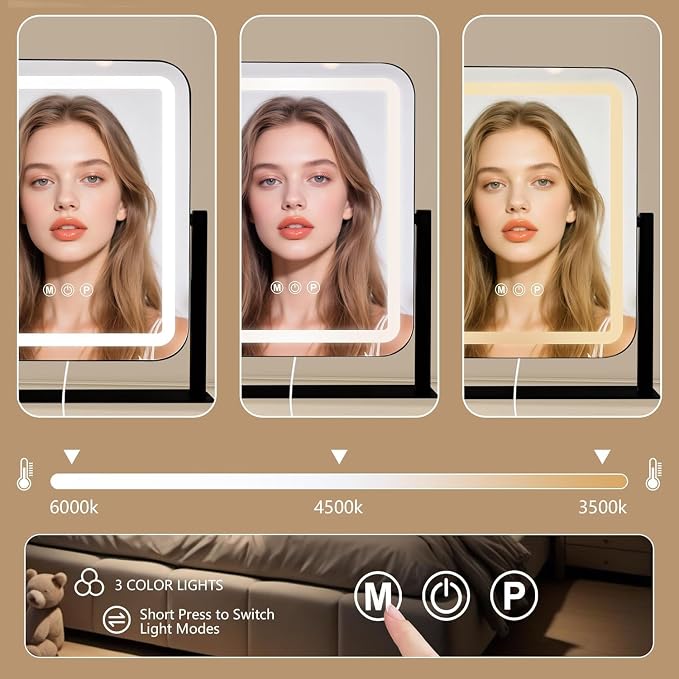 Ratsamee Black Vanity Mirror with Lights 15"×13", Led Makeup Mirror, Lighted Makeup Mirror with 3 Color Dimmable Lights, Smart Touch Screen Control, 360°Rotation