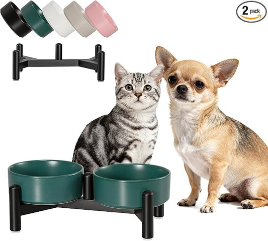 Raised Ceramic Dog Bowl Set with Stand, 1.6 Cups Elevated Dog Food Stand | 5.1'' Double Dog Food and Water Bowl Set, Non-Slip Dog Feeding Dishes for Small Breeds and Cats, 10.8 OZ, Green