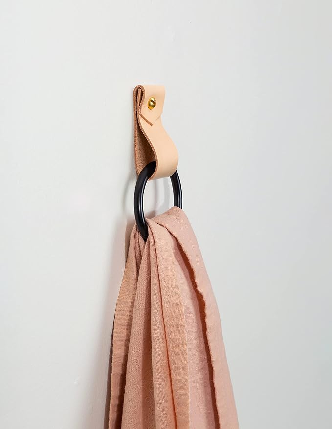 Small Leather Wall Hook, Black Towel Ring wall Hanging Strap Towel Hook for wall Leather Loop Strap Holder Minimal Towel bar Rack Storage Modern Bathroom Hand Towel Holder