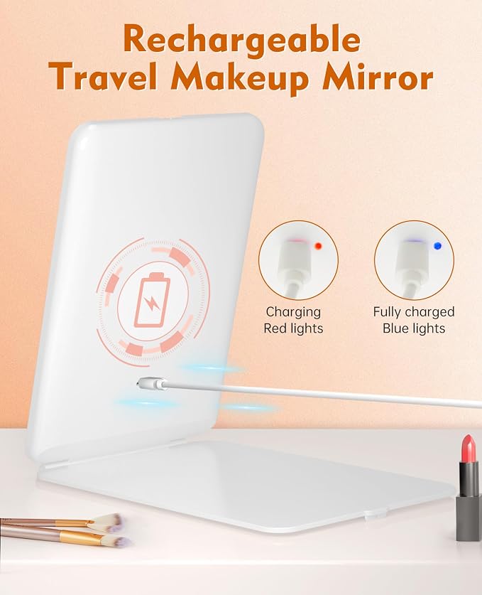 FUNTOUCH Rechargeable Travel Makeup Mirror with Lights 10X Magnifying | Portable Lighted Vanity Mirror with 80 Led,2000mAh Battery,3 Color Lighting,Touch Dimming,Tabletop Light up Mirror