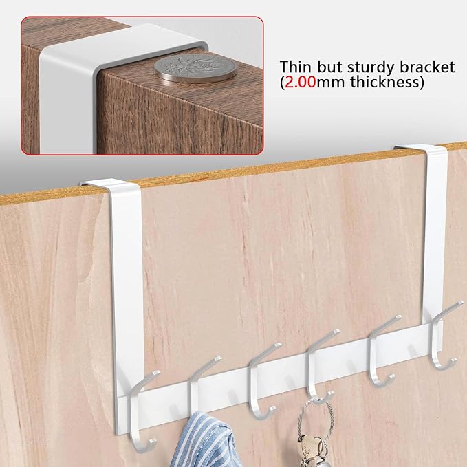 YUMORE Over the Door Hooks, Heavy Duty Door Hanger, White | Stainless Steel, Rust Resistant Finish, Long Arm Design for Easy Reach, Space-Saving Design, Fits Bathroom & Bedroom Doors