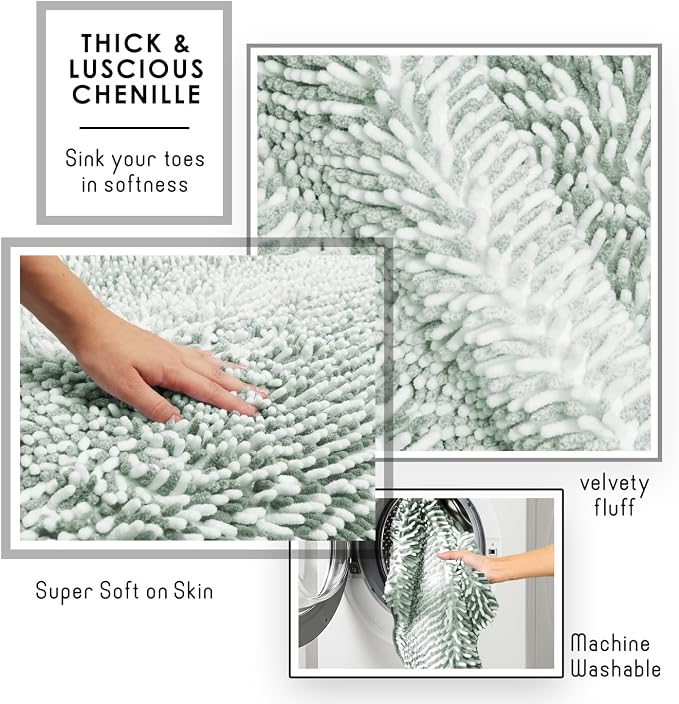 Hearth & Harbor Bathroom Rugs, Chenille Bath Mat - Machine Washable Bath Mats for Bathroom Non-Slip Backing Rubber, Quick Dry Bathroom Mat, 24 x 36 - Ombre Green