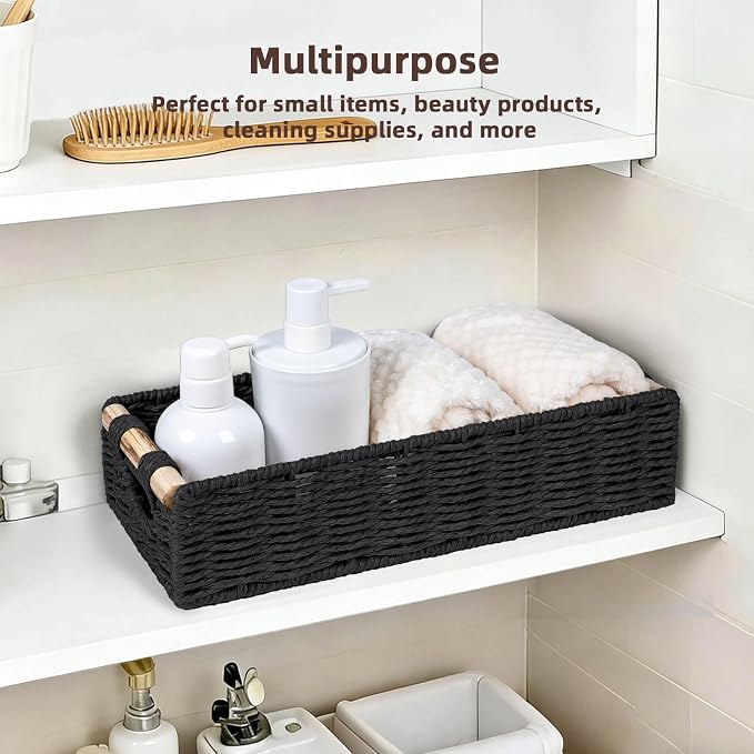 CubesLand Back of Toilet Storage Basket for Organizing w/Cut Out Handle, Handwoven Toilet Tank Top Paper Baskets, Wicker Decorative Basket for Countertop, Home Decor, Living Room, Nursery, Black