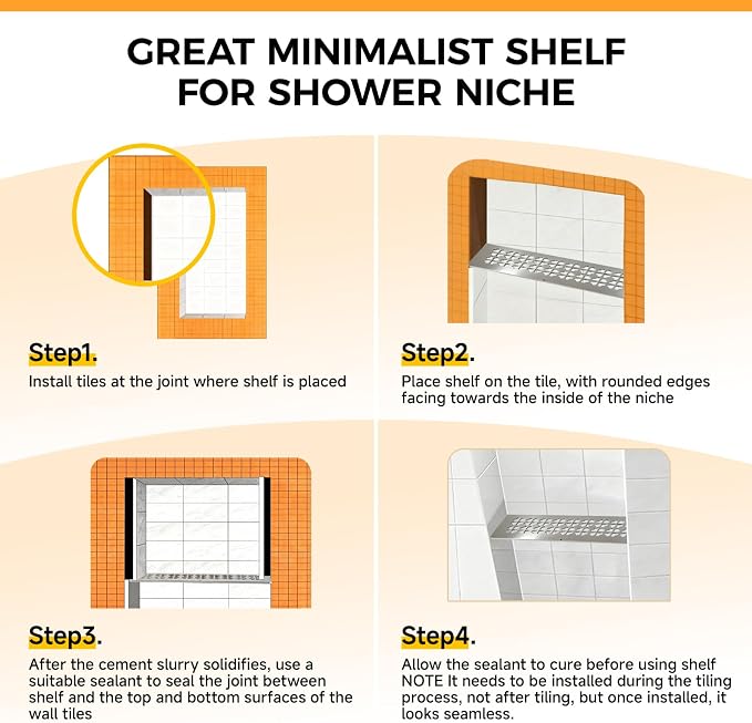 Shower Niche Shelf Fit for Schluter Prefabricated Kerdi Board SN/-SNLT, 4mm Thick, Love Clover Design, Brushed Finish, 304 Stainless Steel Material, Ideal for Use in Tiled Wall Applications