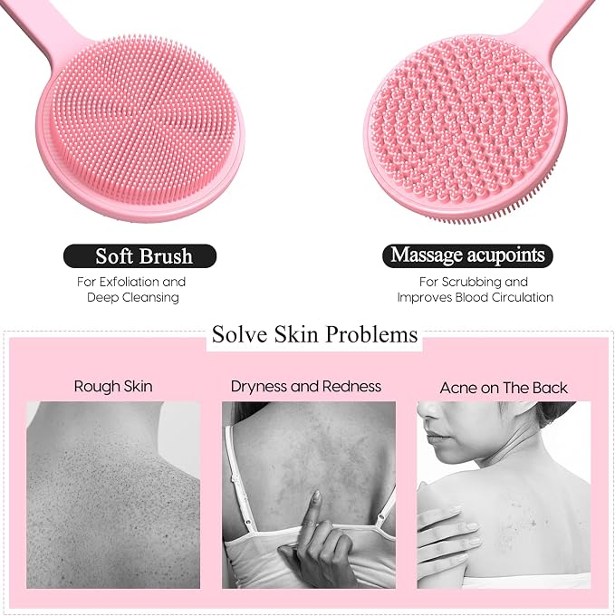Silicone Back Scrubber for Shower, 17in Lengthen Long Handle Body Brush, Double Sided Shower Brush for Shower Exfoliating and Massage Can Produce Rich Foam, Long Handle Back Scrubber for Men