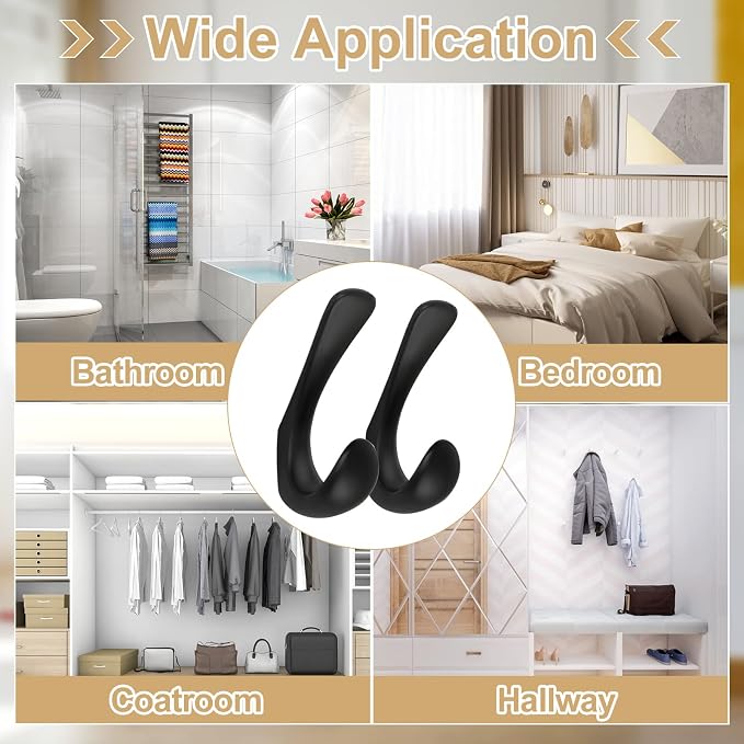 2 Pack Towel Hooks for Bathrooms Wall Mounted, Matte Black Bathroom Hooks for Towels, Robe & Towel Hook for Wall, Modern Black Bath Towel Hook
