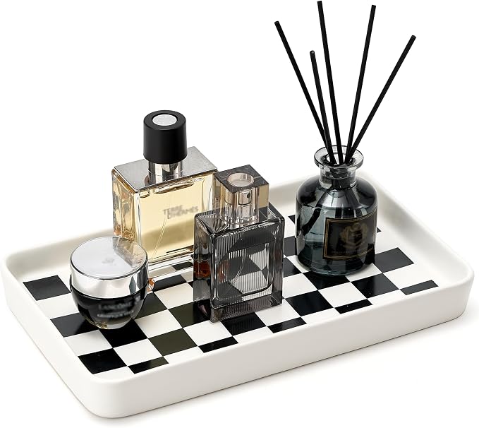 Texture Checkered Surface 10"×6"×1" Bathroom Vanity Tray for Countertop- Ceramic Decorative Organizer Tray for Dresser Top, Toilet, Perfume, Sponge Holder Soap Dish Dispenser for Kitchen Counter