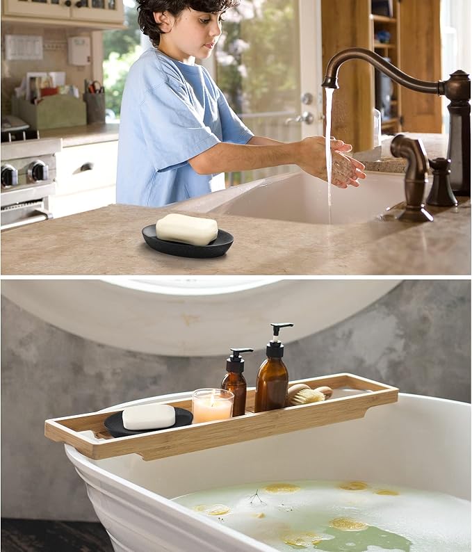 Luxspire Soap Dish, Resin Soap Tray Soap Holder Container Box, Oval Bar Soap Plate Case, Sponge Dish Scrubbers Tray Holder for Bathroom Vanity Shower Kitchen Sink Counter Top, Gravel Black