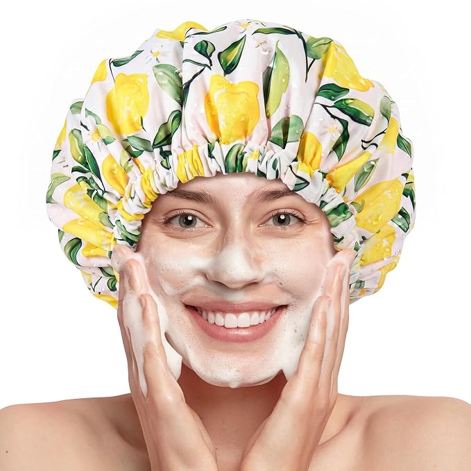 Shower Cap for Women Terry Lined Bath Cap Large Reusable Waterproof Elastic Lemon Shower Caps for Long Thick Hair Soft Bath Shower Hair Caps