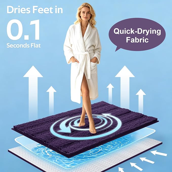 ACCUMTEK Striped Eggplant Purple Bathroom Rug Mat Set 2 piece 24"x17"+48"x20" Ultra Soft, Non Slip Chenille Bath Rugs, Absorbent Plush Shaggy Bath Mats for Bathroom, Bedroom, Kitchen, Shower, Tub