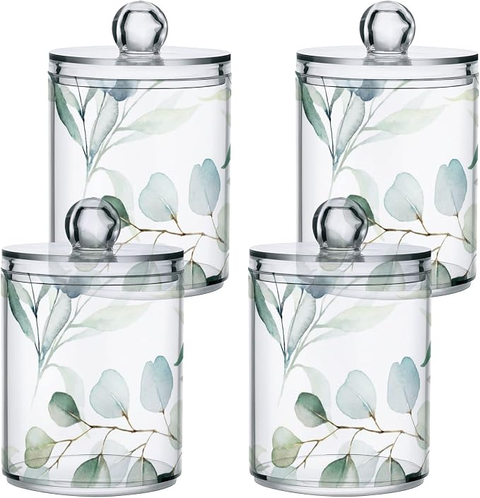 2 Pack Qtip Holder Dispenser for Cotton Ball Watercolor Green Eucalyptus Leaves Cotton Swab Round Pads Clear Plastic Acrylic Jar Set Bathroom Canister