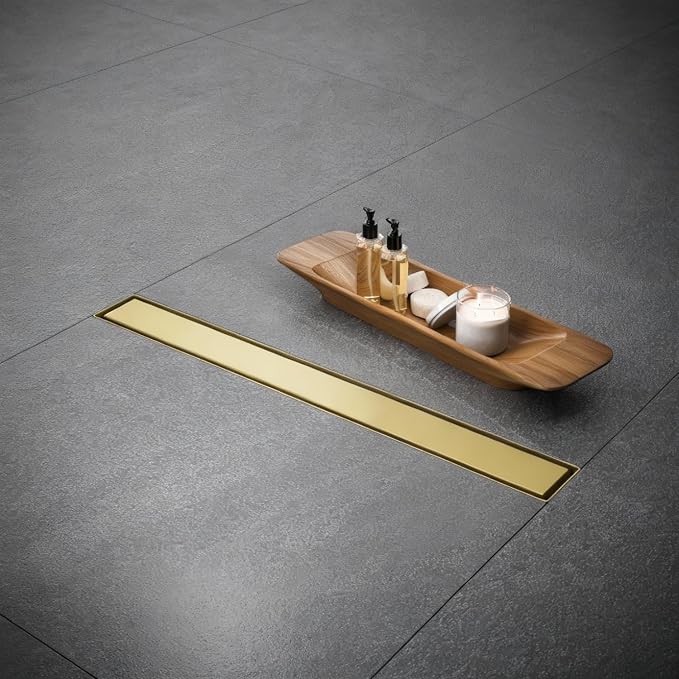 AVSIILE Linear Shower Floor Drain, Brushed Gold 40 Inch 304 Stainless Steel Bathroom Drains Kit, Rectangular Shower Trench Drain with Reversable Tile-in Pattern Drain Cover & Hair Catcher