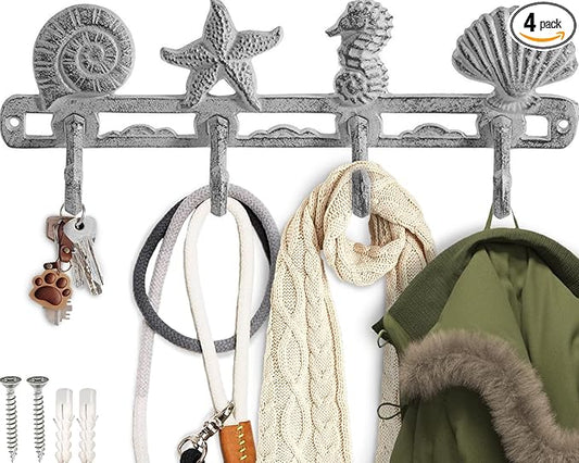 Comfify Antique White Seashell Cast Iron Wall Hook Rack – 4 Hooks, 13.5" | Antique White; 2 seashells + starfish + seahorse; 4"H x 13.5"L; cast iron; includes screws and anchors; coastal decor