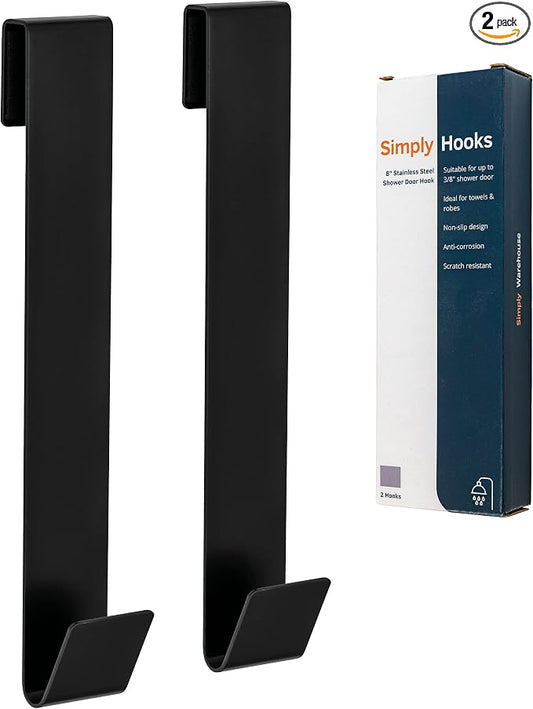 8" Black Stainless Steel Foam-Backed Shower Door Hooks, 2 Pack, Non-Slip, Fits 3/8" (10mm) Glass Doors