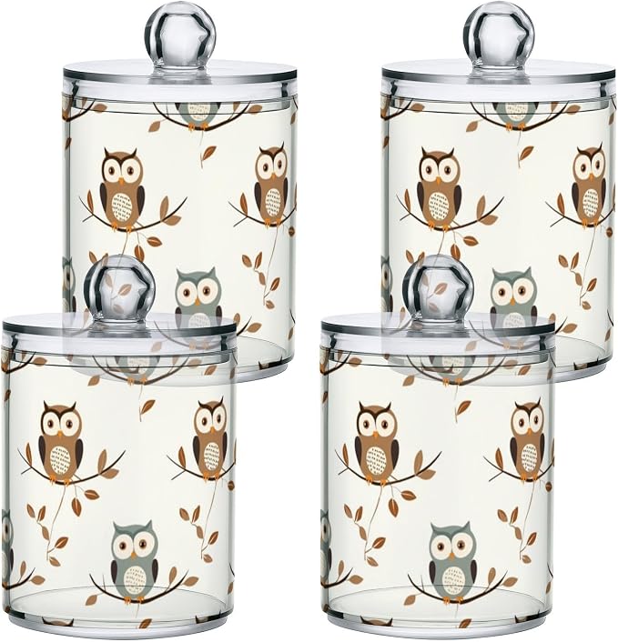 4 Pack Qtip Holder Dispenser Owl Forest Little Animal Cotton Ball Cotton Swab Round Pads Floss Clear Bathroom Storage Containers Plastic Apothecary Jars with Lids