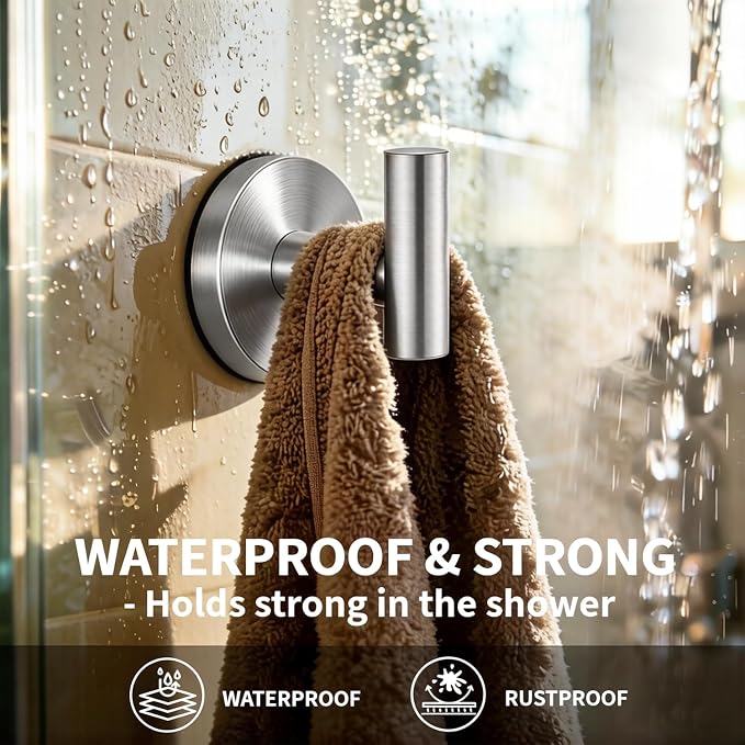 Suction Cup Hooks for Shower - Heavy Duty Matte Black Bathroom Hooks for Glass Door, 6 Pack No Drill & No Damage Waterproof Hooks for Tile, Rustproof for Towels & Door Wreaths