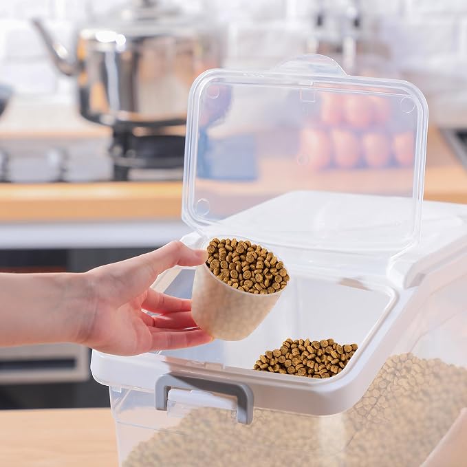 4 Pcs Rice Storage Container 28 lb Airtight Flour Container with Wheels Measuring Cup Clear Pet Food Cube Dog Birds Cat Food Bin Grain Cereal Organizer Box for Dry Baking Supplies(White Lid)