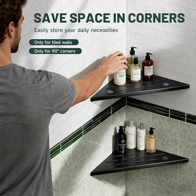 10" Corner Shower Shelf, 304 Stainless Steel Slot Design Bathroom Shower Shelf, Recessed Corner Shelves for Tiled Wall, 2 Pack, Matte Black