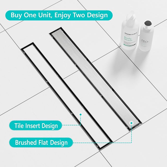 Neodrain Brushed 60-Inch Linear Shower Drain,with 2-in-1 Flat & Tile Insert Brushed Cover, Rectangle Shower Floor Drain, Floor Shower Drain with Adjustable Leveling Feet, Hair Strainer