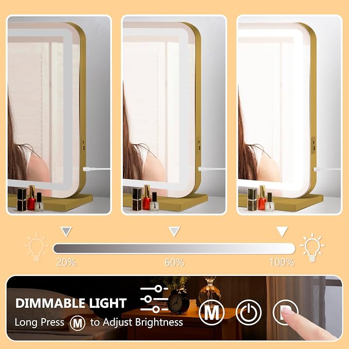 Ratsamee 23"x18" Gold Vanity Mirror with Lights, Led Makeup Mirror, Lighted Makeup Mirror with 3 Color Dimmable Lights, Smart Touch Screen Control, Aluminum Metal Frame,USB Charging Port