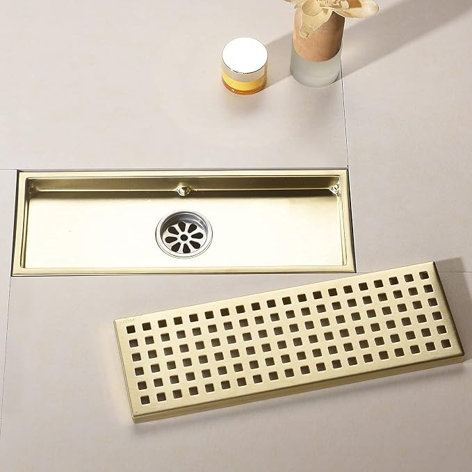 12 Inch Rectangular Shower Floor Drain, Can Be Detachably Inserted Into The Mesh Grille Cover, SUS304 Stainless Steel, Brushed Gold