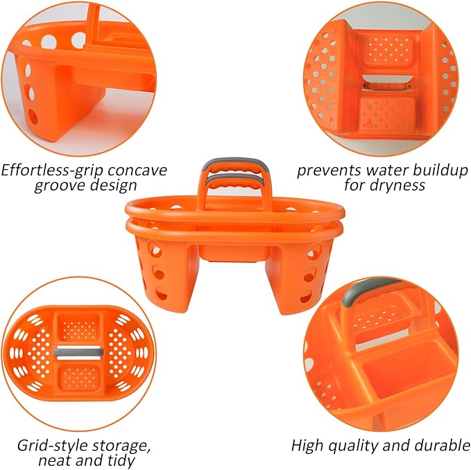 SIMPLYKLEEN Large Shower Caddy Portable 2PC - Made in USA Plastic Jumbo Size Dorm Storage Candy Tote with Handle Shower Organizer for Bathroom, Pantry, Kitchen, College Dorm, Orange