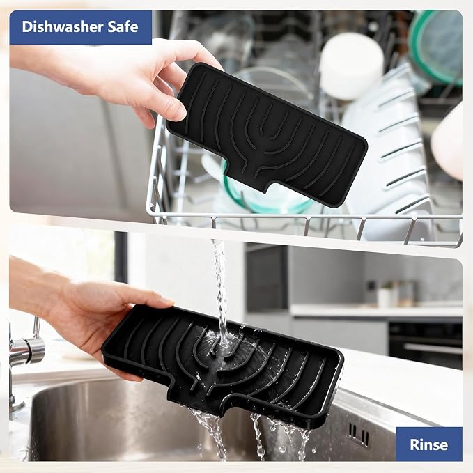 Silicone Sponge Holder for Kitchen Sink With Drain Spout, Self Draining, Kitchen Soap Tray, Bathroom Organizer, Sink Caddy (Black, 10×4)
