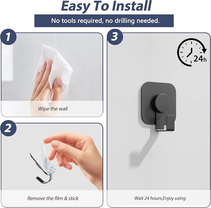 Aikzik 4 Pack Large Heavy Duty Wall Hooks - 26lb Max, Stainless Steel Adhesive Towel Hooks for Hanging Coat, Towel, Robe, Keys, Sticky Shower Hook for Door, Home, Bathroom, Kitchen, Office- Black