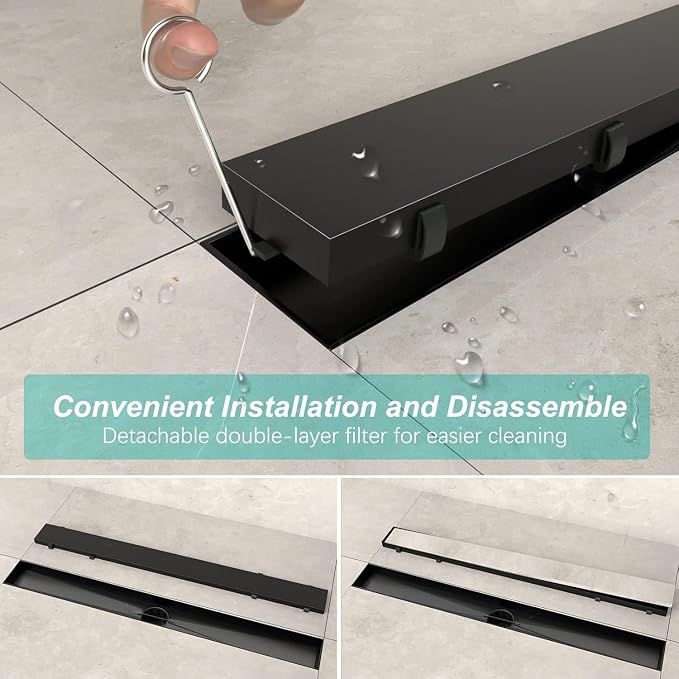 ELLO&ALLO 28 Inch Matte Black Linear Shower Drain, SUS304 Stainless Steel Rectangle Shower Floor Drain with 2-in-1 Flat & Tile Insert Cover