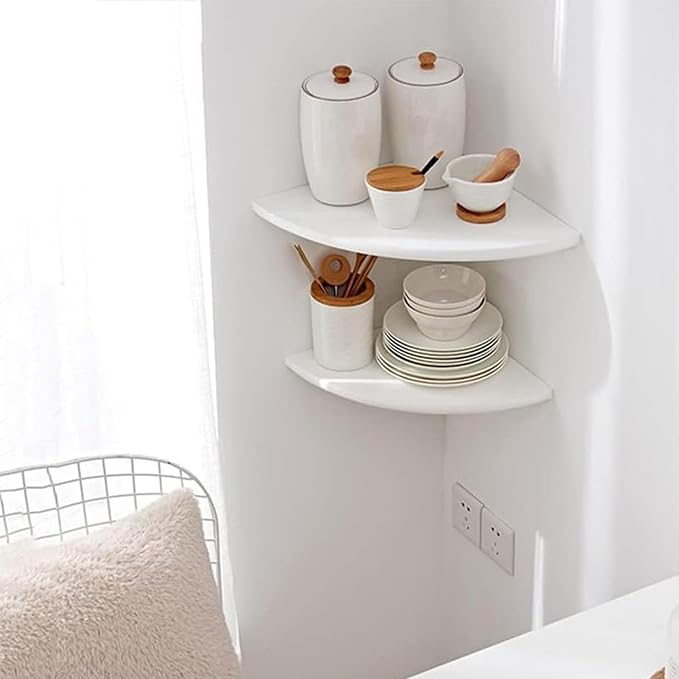 Corner Shelves, Floating Corner Shelf, Set of 2 White Solid Oak Wood Wall Shelves, Round End Wall Mount with Wire Hole Shelving for Small Plant for Bedroom Kitchen, Living Room 8.7"
