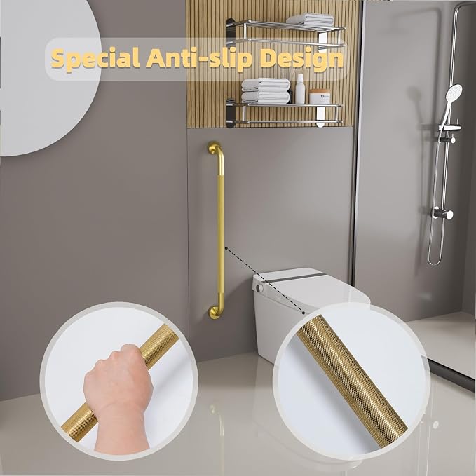 Shower Grab Bar, 36 Inch Bathroom Grab Bar Handle with Anti-Slip Knurled Grip, Stainless Steel Bath Balance Bar, 1.25" Diameter Bath Safety Bar Support for Seniors Elderly Pregnant, Brushed Gold
