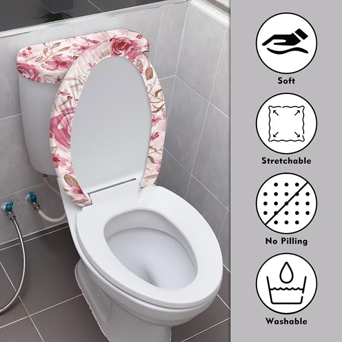 Pink Rose Toilet Tank Cover for Bathroom Romantic Toilet Lid Cover Set 2 Oval Bathroom Set for Valentine's Day