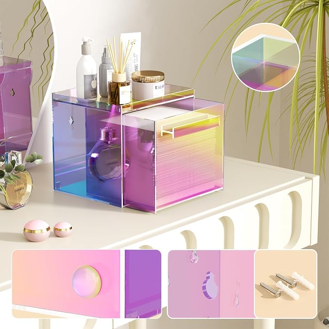 Acrylic Disposable Facial Towels Holder, Wall-Mounted, Rainbow | Premium Thicken Acrylic | Compatible with Clean Skin Club Towel XL | Skin Care Organizer with Drawer | Bathroom Vanity