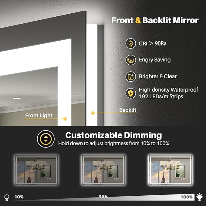 Briivue 28x32 Inch LED Bathroom Mirror with Lights, Backlit & Front Lit | Anti-fog, 3 Color Dimmable, Memory Function, HD Reflection Tempered Glass, ETL Listed, IP54 Waterproof
