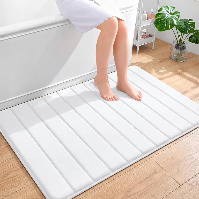 OLANLY Memory Foam Large Bath Mat 44x32, Super Soft Absorbent Bathroom Rugs | White, Quick Dry Bath Rug, Machine Washable Shower Floor Mats, Bathmat Carpet for Bathroom Floor, Tub and Shower