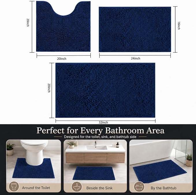Bathroom Rugs Chenille Bath mat 3 Piece Set, Super Absorbent, Strong PVC Non Slip Backing, Bath mats for Bathroom, Plush Shaggy, Thick, Machine Washable, Bathtub, Toilet, Navy Blue
