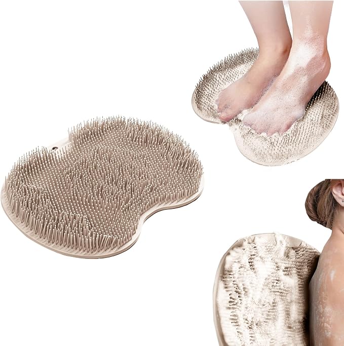 Shower Foot Scrubber Mat with 3 Types of Upgraded Brushes for Massage, Shower Back Scrubber with Micro Suction Cups,Non Slip Bathtub Shower Scrubber for Body at Home Spa(Khaki)